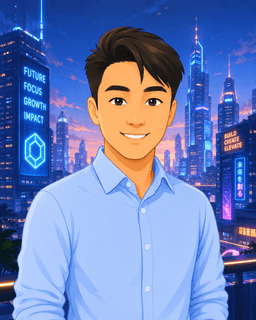 Illustrated portrait of Jonathan Do against a city skyline