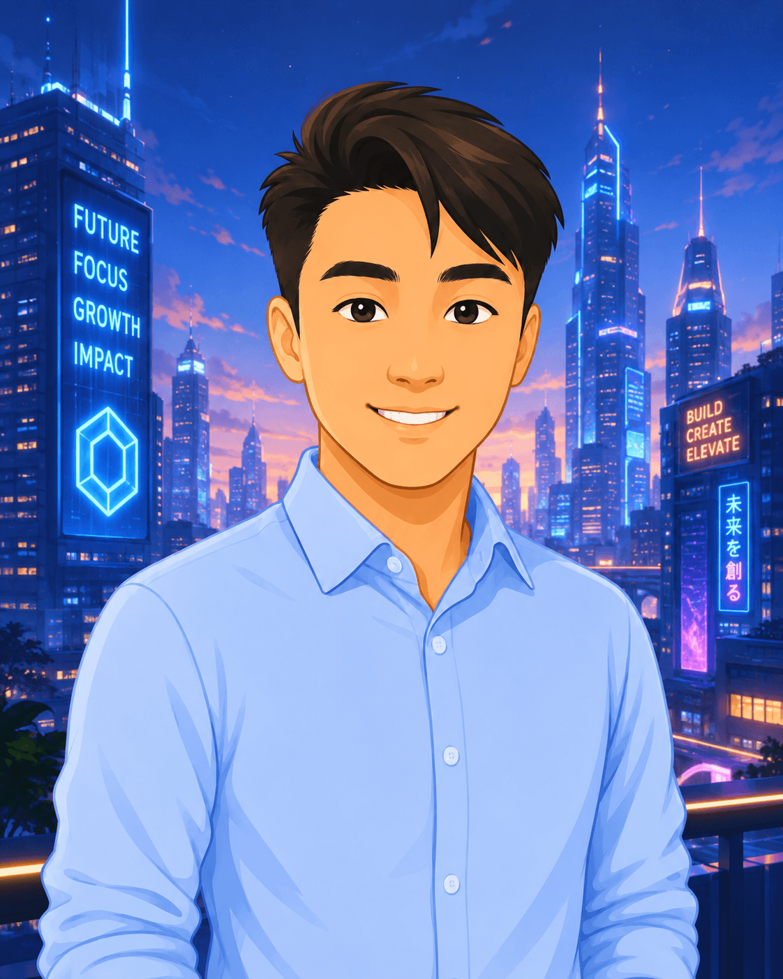 Illustrated portrait of Jonathan Do against a city skyline