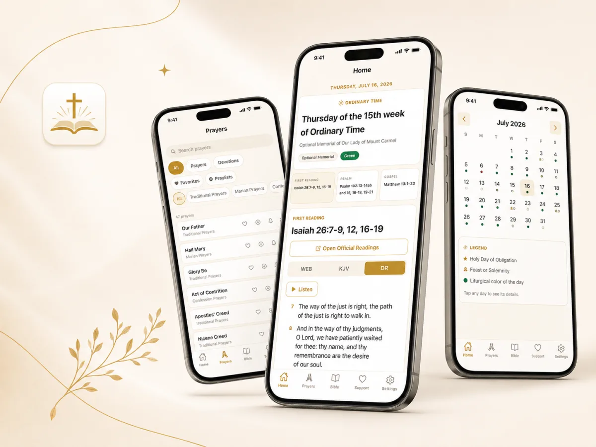 Prayer Explorer prayers list, Today screen, and liturgical calendar on iPhones beside the app's gold cross-and-open-book icon on a cream background