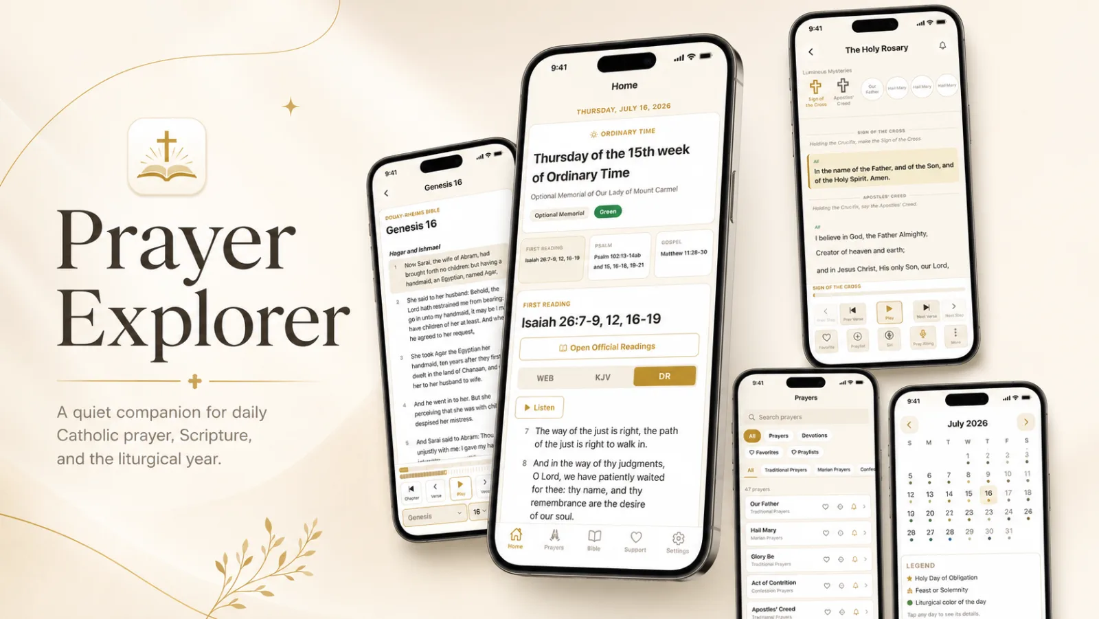 Prayer Explorer on several iPhones showing the Home, Bible, Rosary, prayers, and liturgical calendar screens, beside the app's gold cross-and-open-book icon