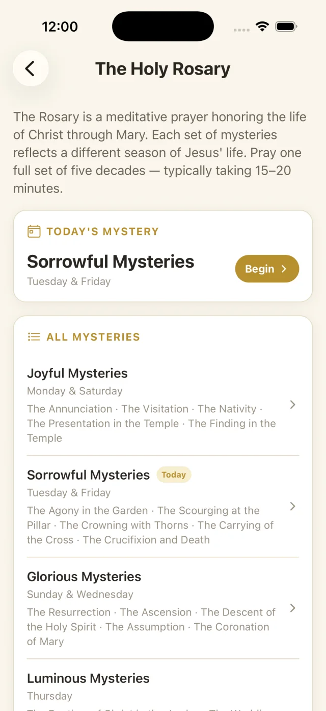 Prayer Explorer Rosary screen showing the mystery set for the day