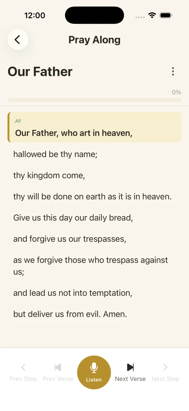 Prayer Explorer highlighting the current line of the Our Father during Pray Along, with a Listen microphone control