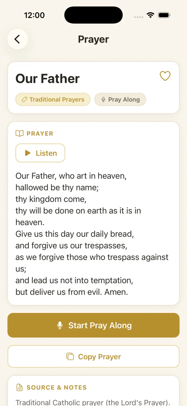 A traditional Catholic prayer in Prayer Explorer, the Our Father, with a Listen button, Pray Along, and source notes